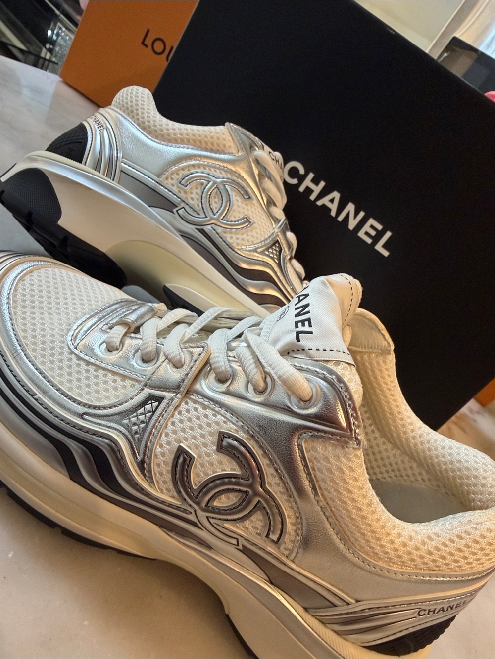 CHANEL Silver & White Platform Runner Sneakers